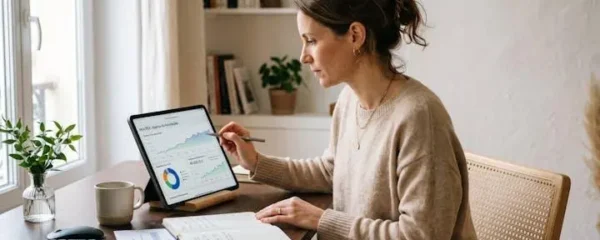 Femme consultant son portefeuille PEA sur tablette avec graphiques de performance visibles, à son bureau personnel contemporain lumineux