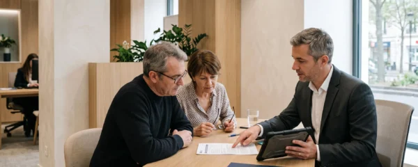Un conseiller bancaire explique un contrat d'assurance vie à un couple assis en face de lui dans une agence française.
