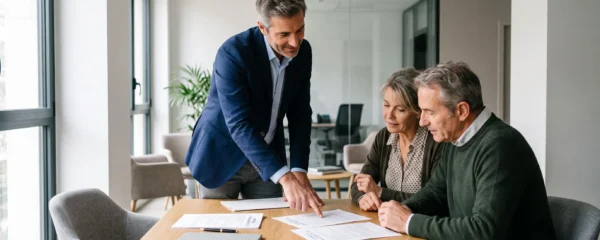 Wealth management advisor explaining life insurance contract details to a couple in a modern financial advisory office in France
