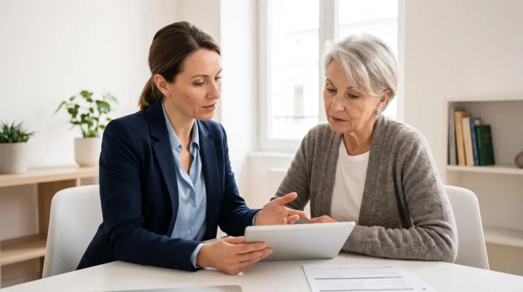 Female wealth management advisor explaining tax exemption mechanisms to a senior client in a professional office