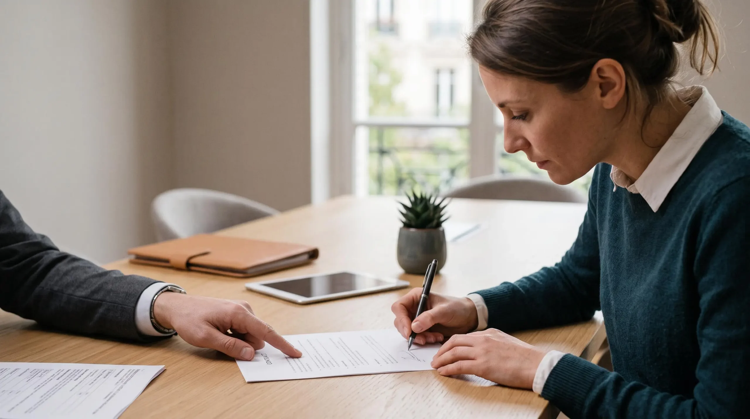 Une femme signe un contrat d'assurance vie avec un stylo lors d'un rendez-vous dans un bureau.