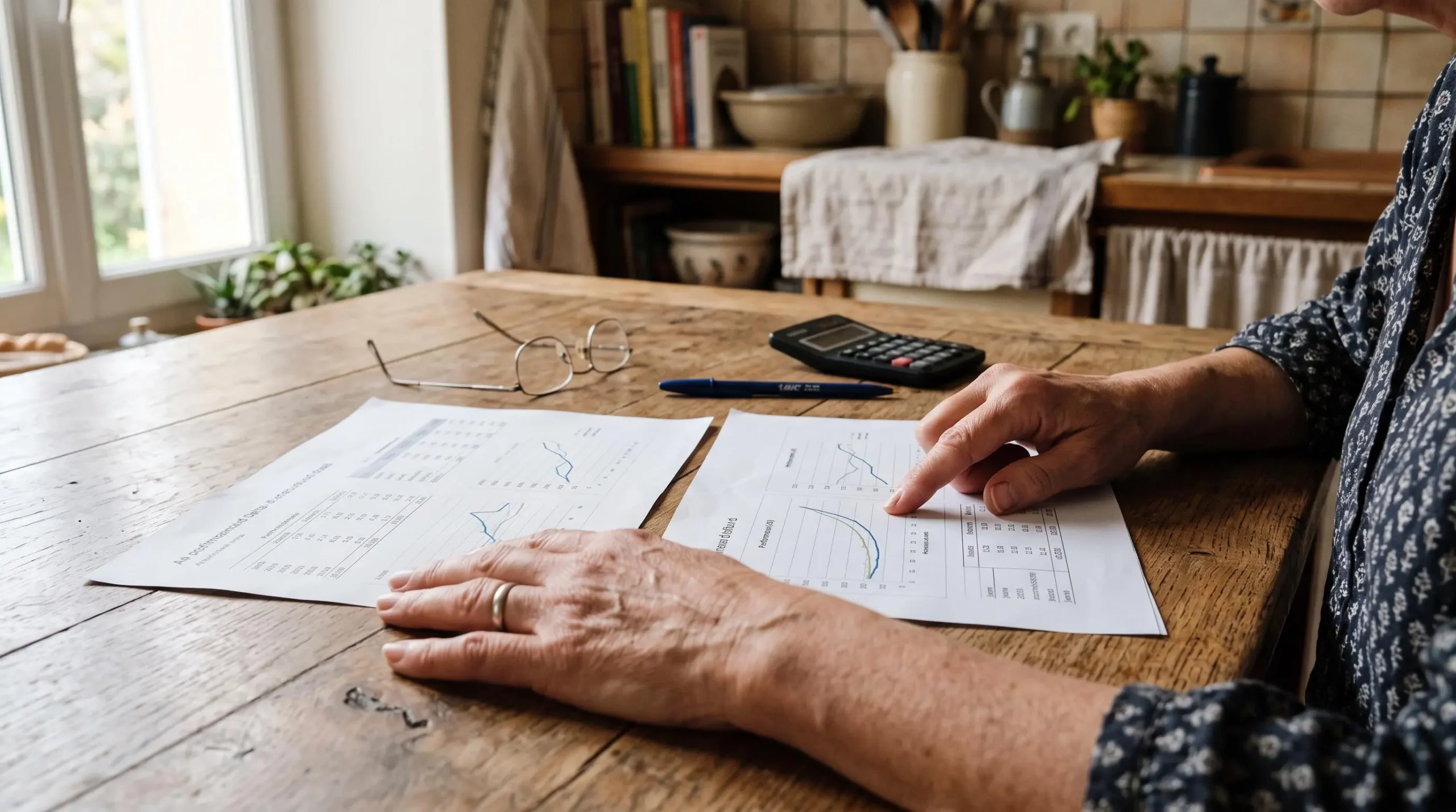 Des mains comparent deux documents imprimés avec des tableaux de rendement posés sur une table de cuisine.