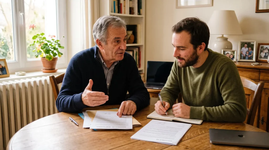 Parent explaining life insurance beneficiary details to their adult child at home around a table